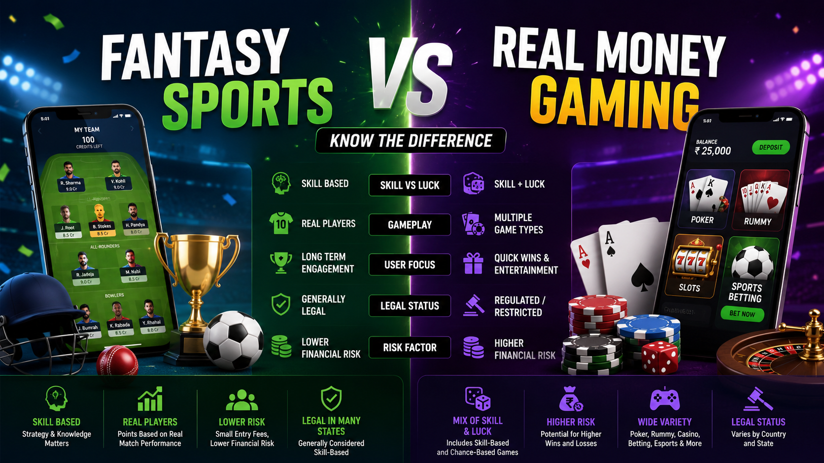 Illustration showing fantasy sports and real money gaming platforms with sports icons, virtual teams, betting chips, and online gaming elements.