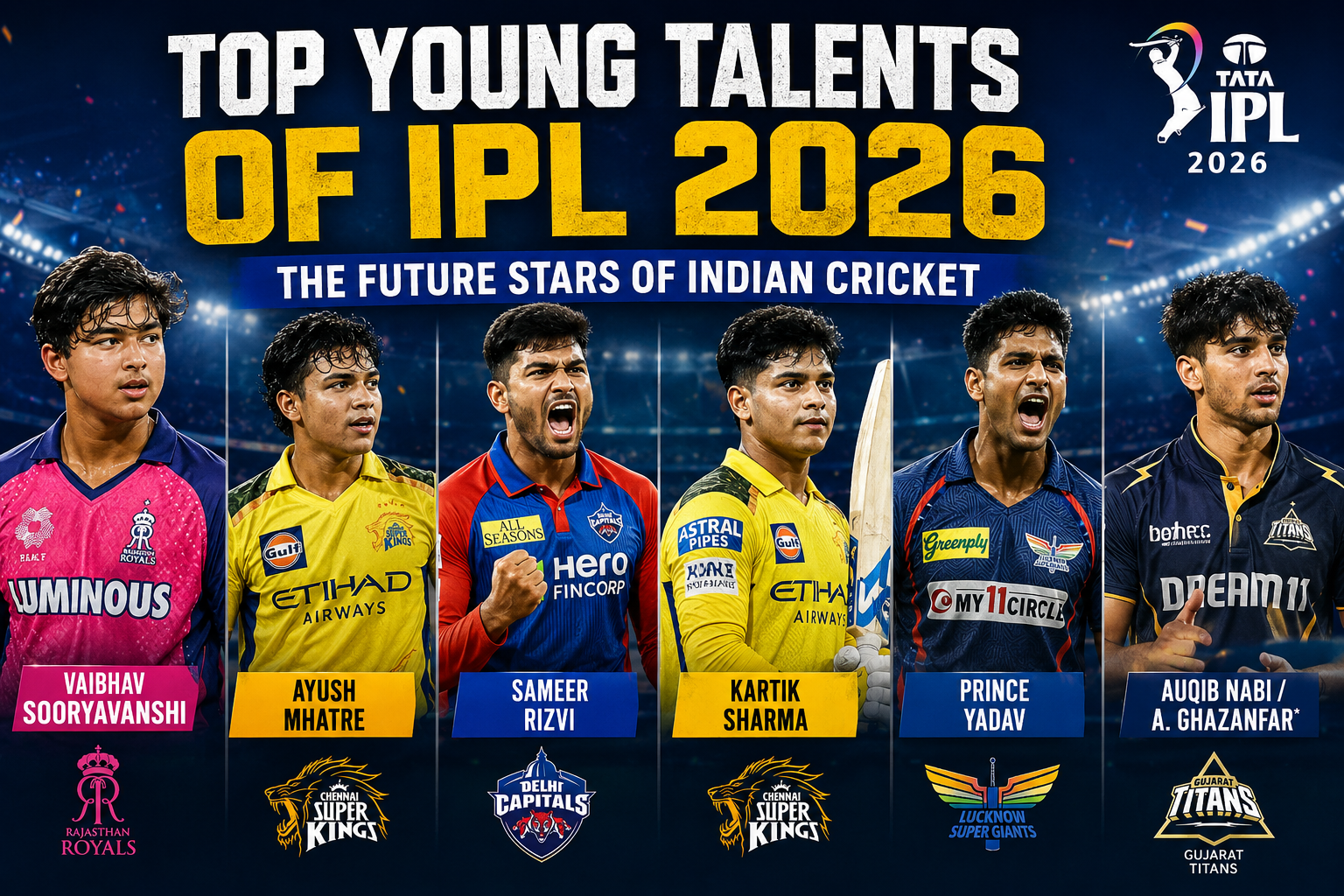 Young IPL 2026 cricketers celebrating during a match after impressive performances in the tournament