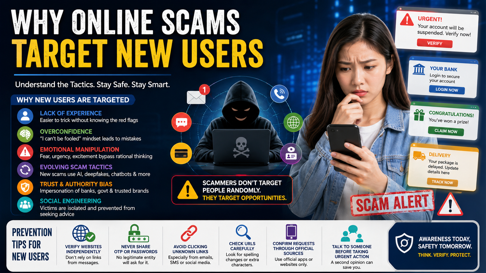 New internet users learning about online scam warning signs and cybersecurity safety practices on a digital device screen.