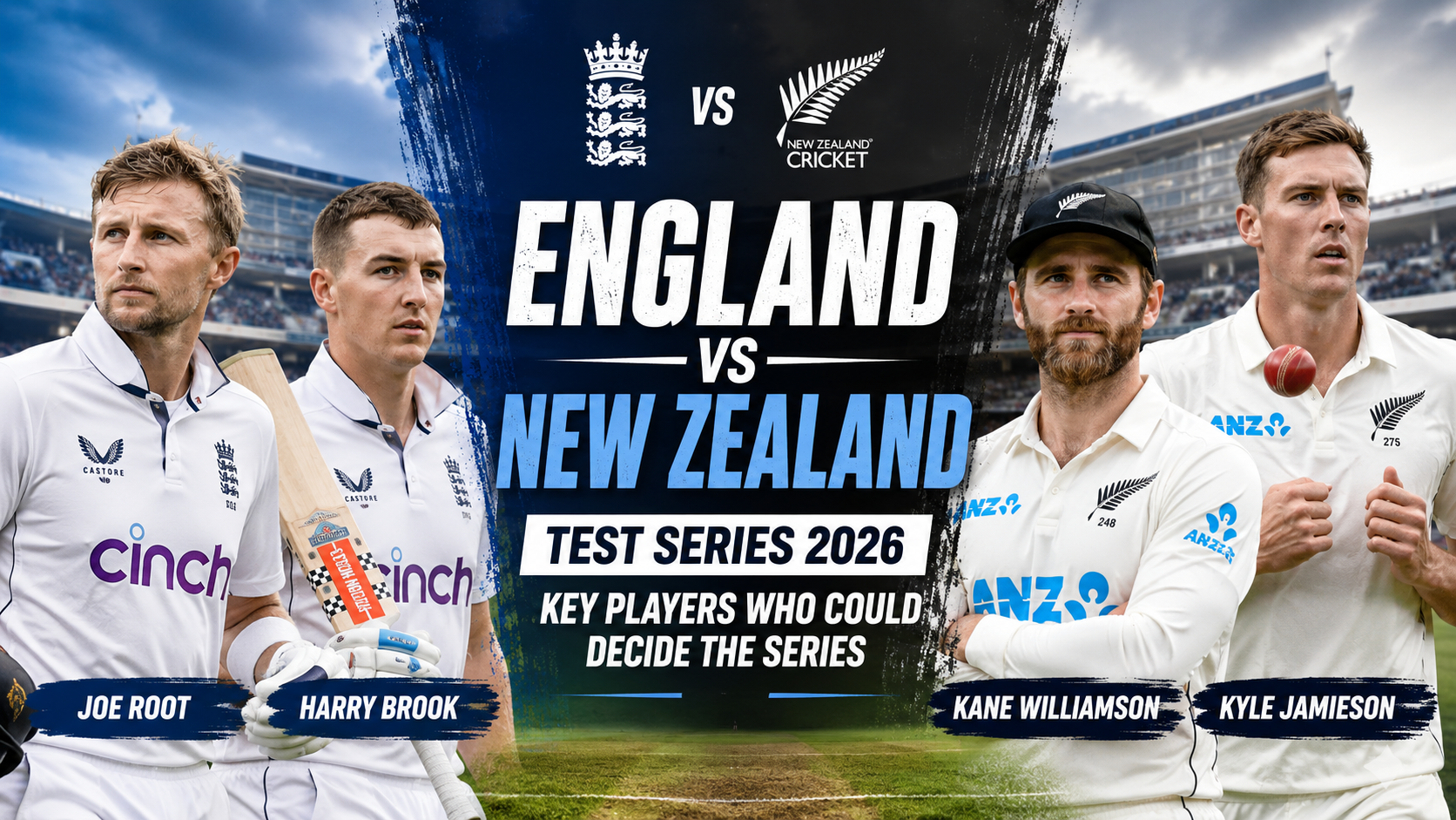 England vs New Zealand Test Series 2026 featuring Joe Root, Kane Williamson, Harry Brook and Kyle Jamieson in action