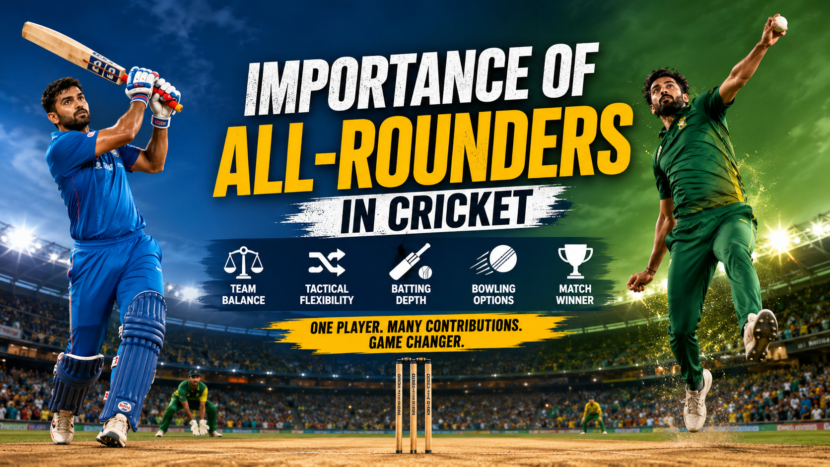 Professional cricket all-rounder batting and bowling during a competitive cricket match, showcasing versatility and team value