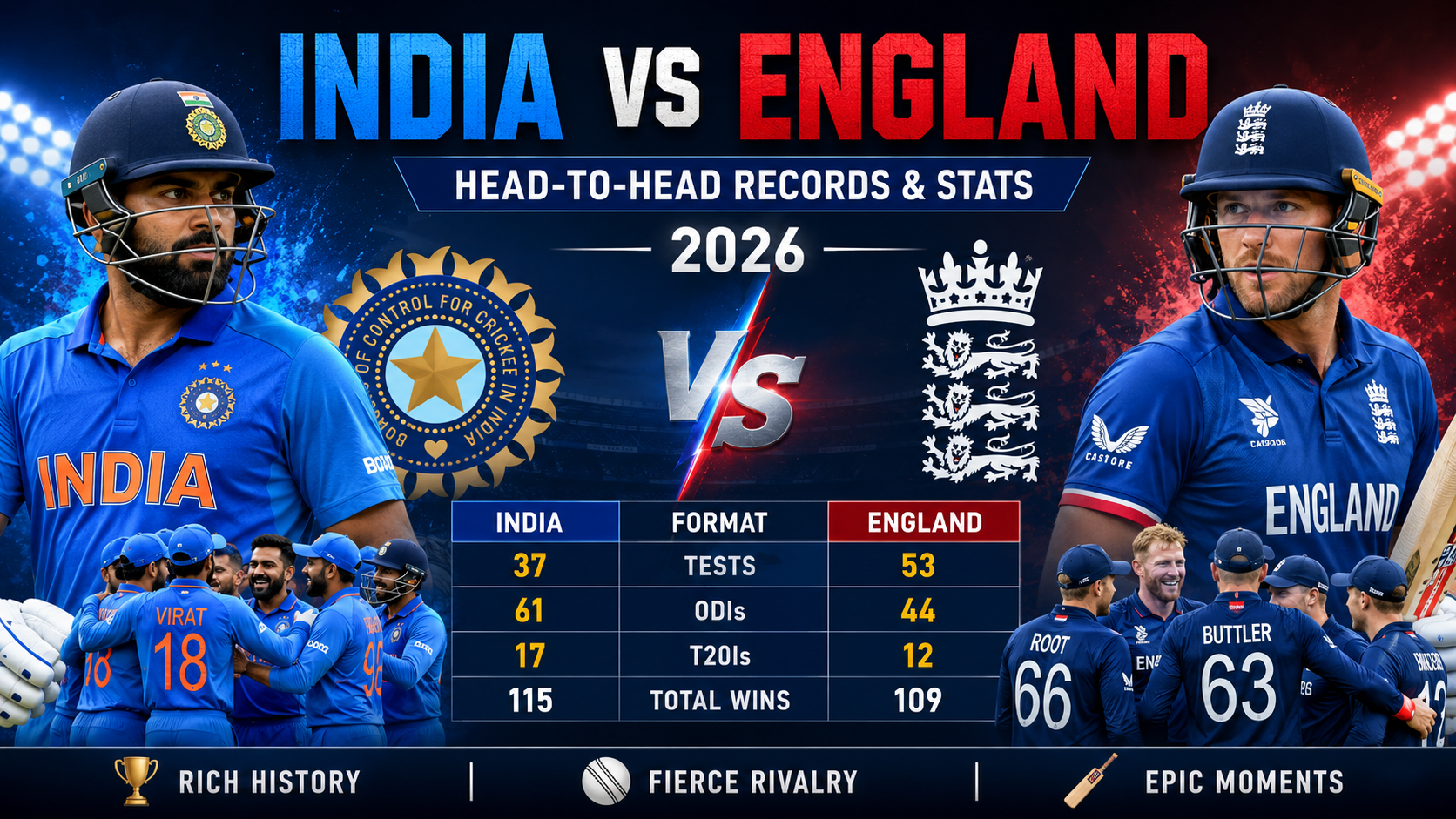 India vs England 2026 cricket rivalry showing head-to-head records, match statistics, and player performance comparison.