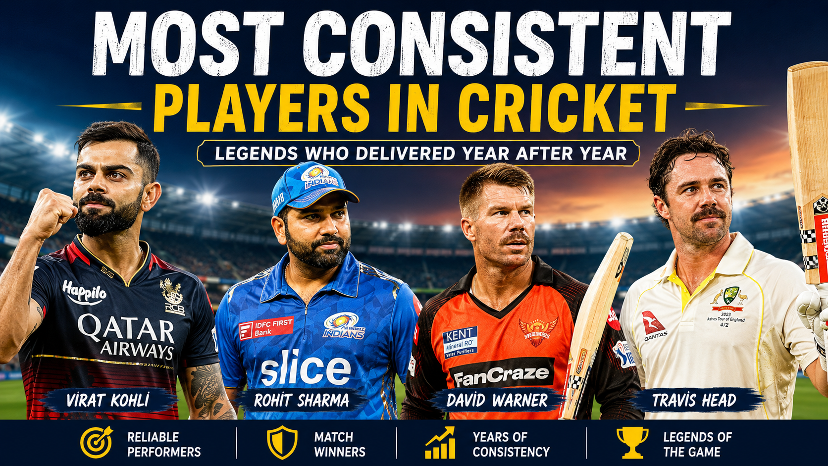 Most consistent cricket players including Virat Kohli, Rohit Sharma, David Warner, and Travis Head celebrating match-winning performances
