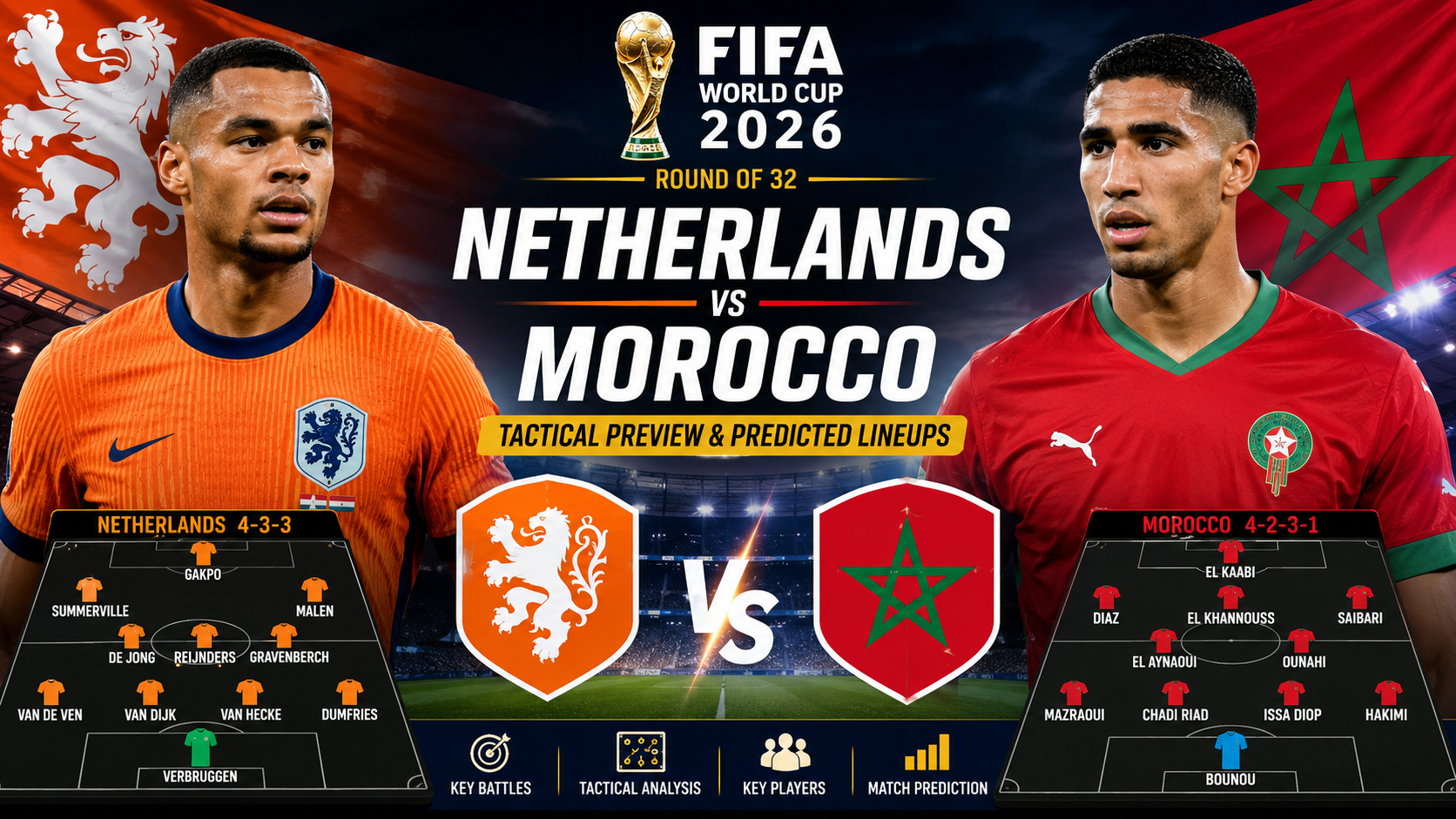 Netherlands vs Morocco tactical preview with predicted lineups before the FIFA World Cup 2026 Round of 32 match.