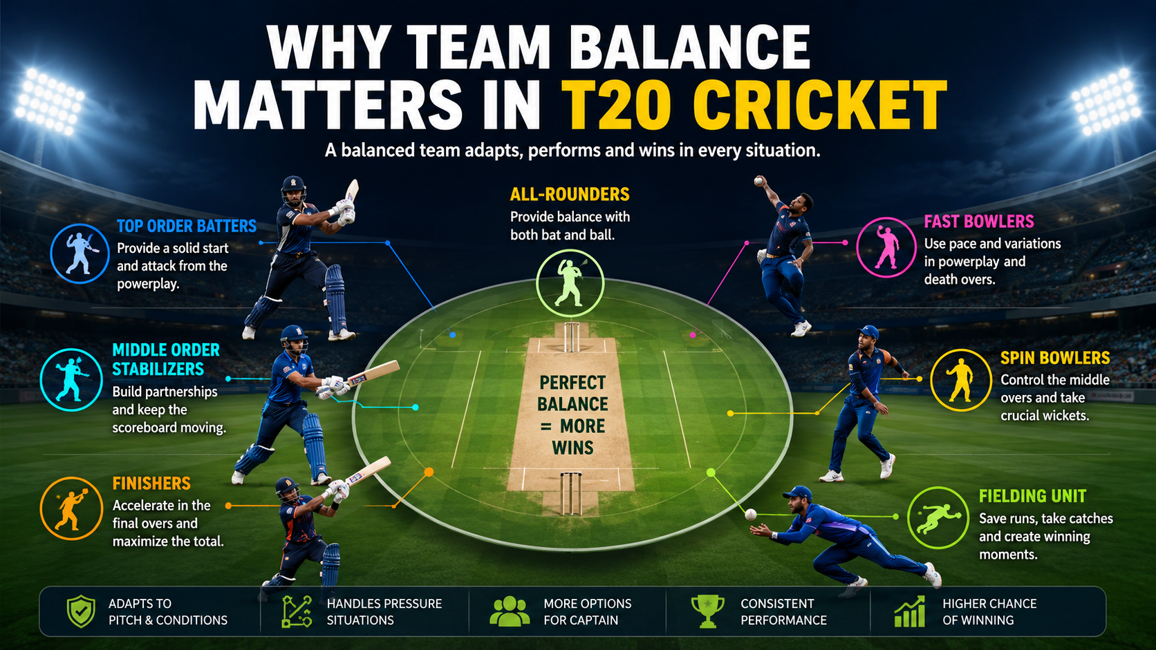 Balanced T20 cricket team showing batting, bowling, all-rounders and fielding strategy on the field diagram