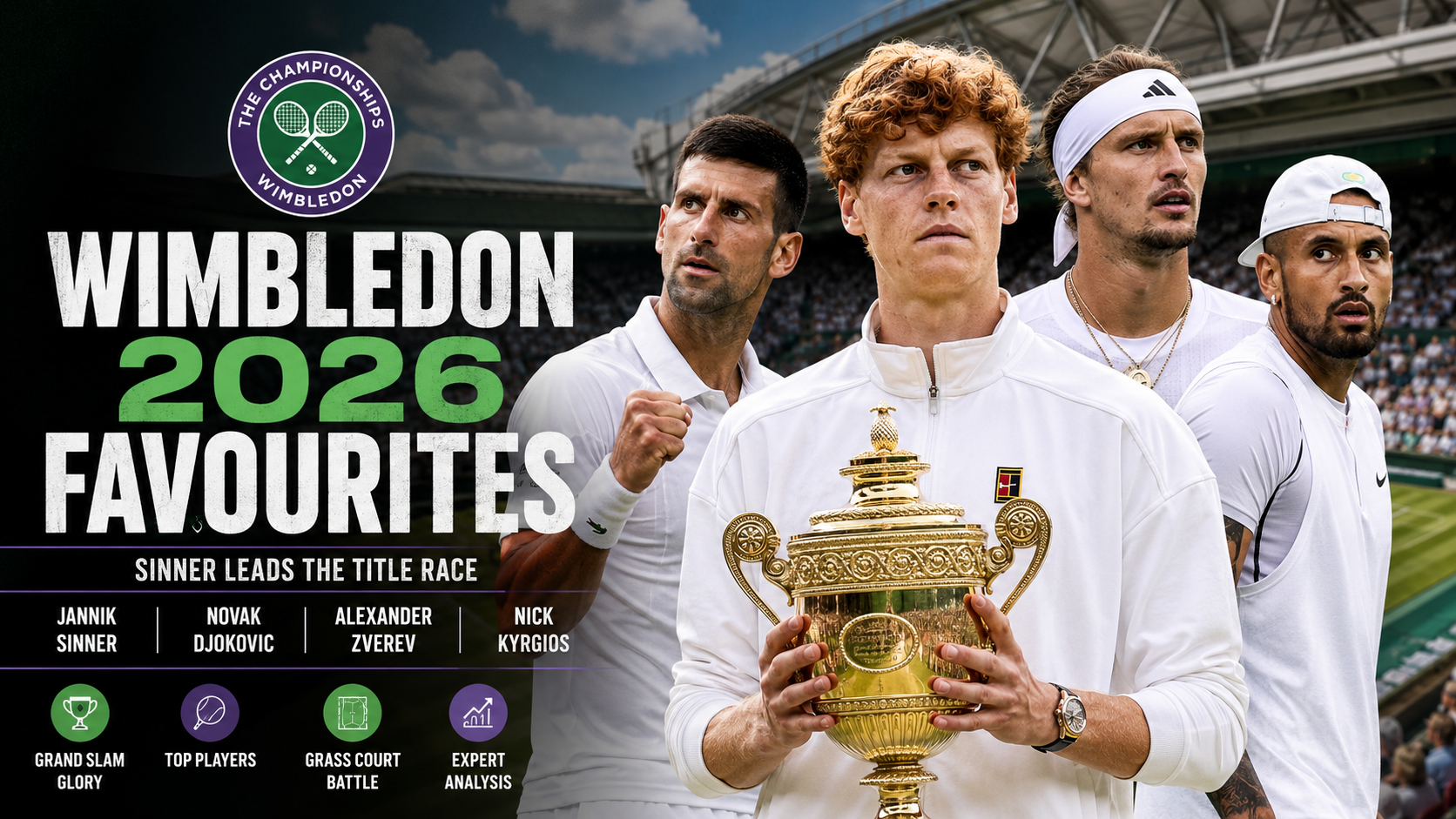 Jannik Sinner leads Wimbledon 2026 favourites ahead of Novak Djokovic, Alexander Zverev, and Nick Kyrgios in the title race.
