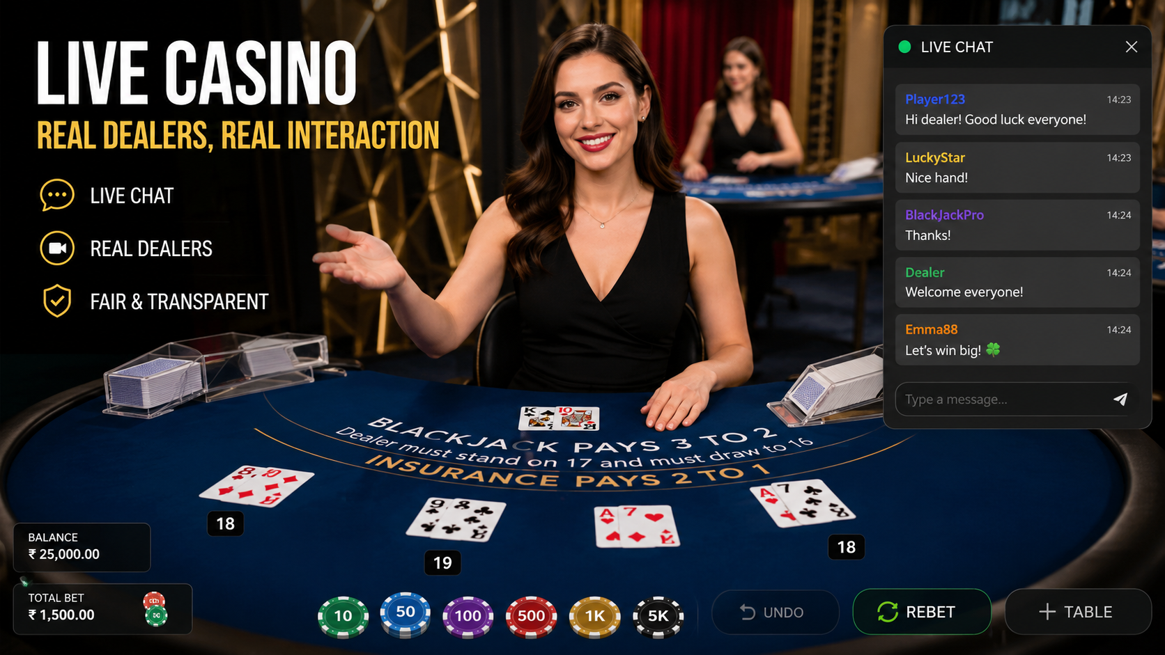 Live casino dealer interacting with online players during a real-time blackjack game