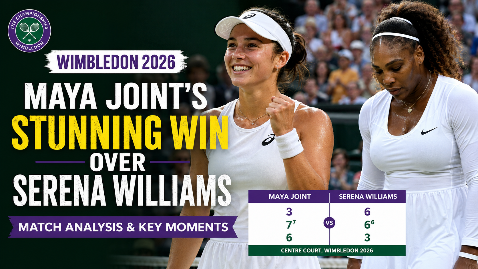 Maya Joint celebrates after defeating Serena Williams in the Wimbledon 2026 first-round match on Centre Court.