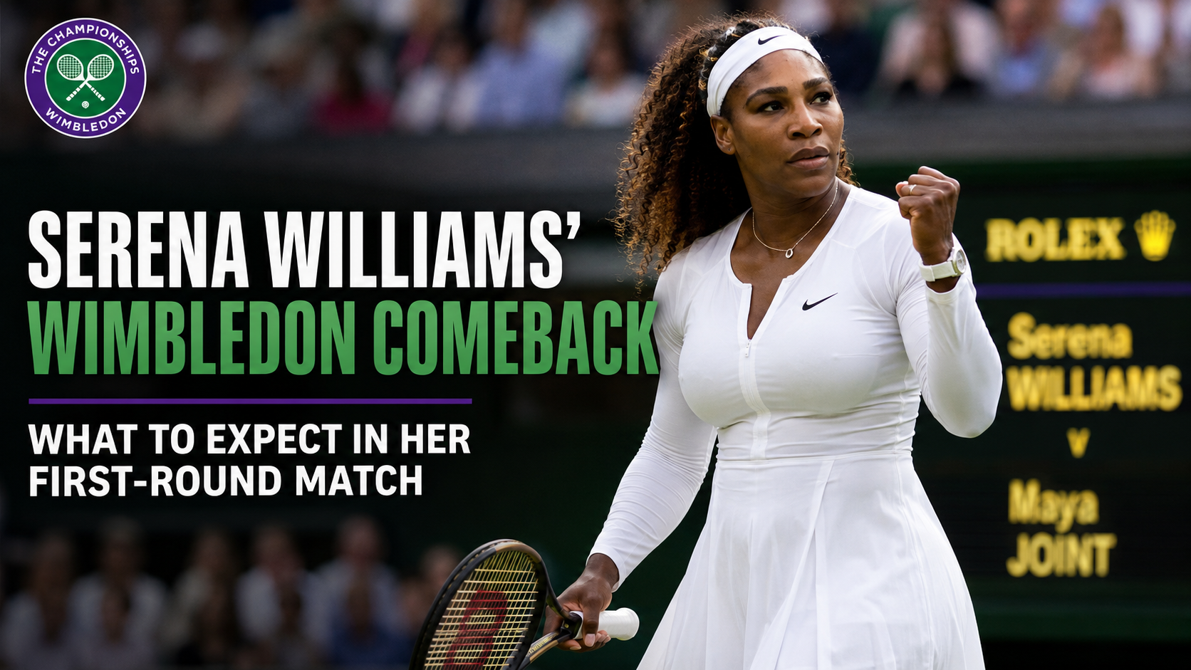 Serena Williams during her Wimbledon 2026 first-round comeback match against Maya Joint on Centre Court.