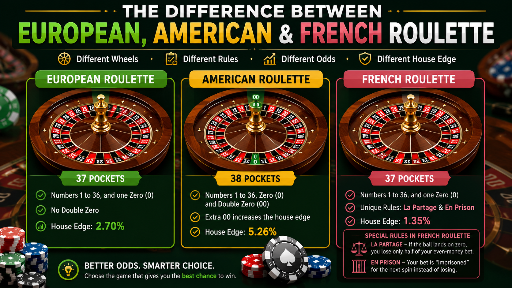 European vs American vs French Roulette wheels comparison showing single zero, double zero, house edge, and betting differences