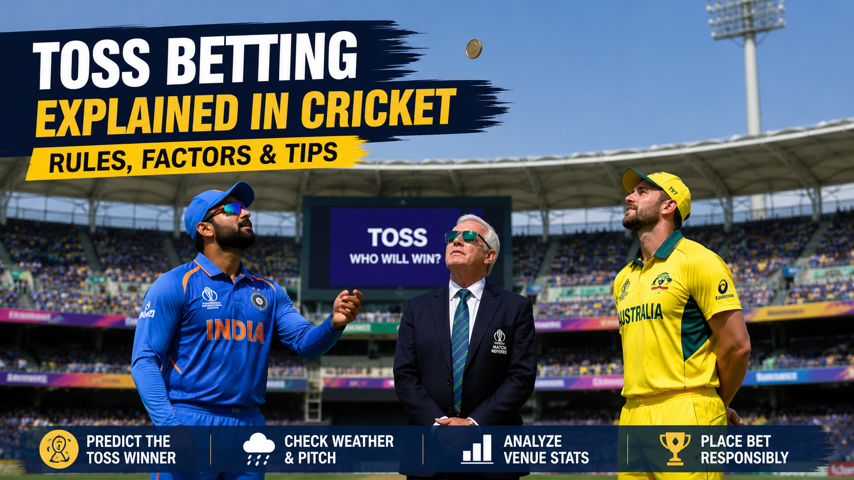 Cricket captains during the toss before an international match with a coin flip and stadium background