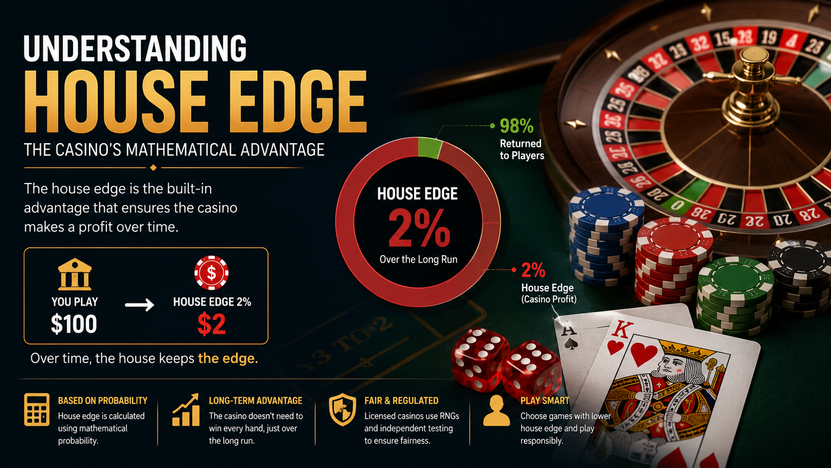 Illustration explaining the house edge in casino games with roulette, blackjack cards, dice, poker chips, and a percentage chart showing how the casino's mathematical advantage works over time.