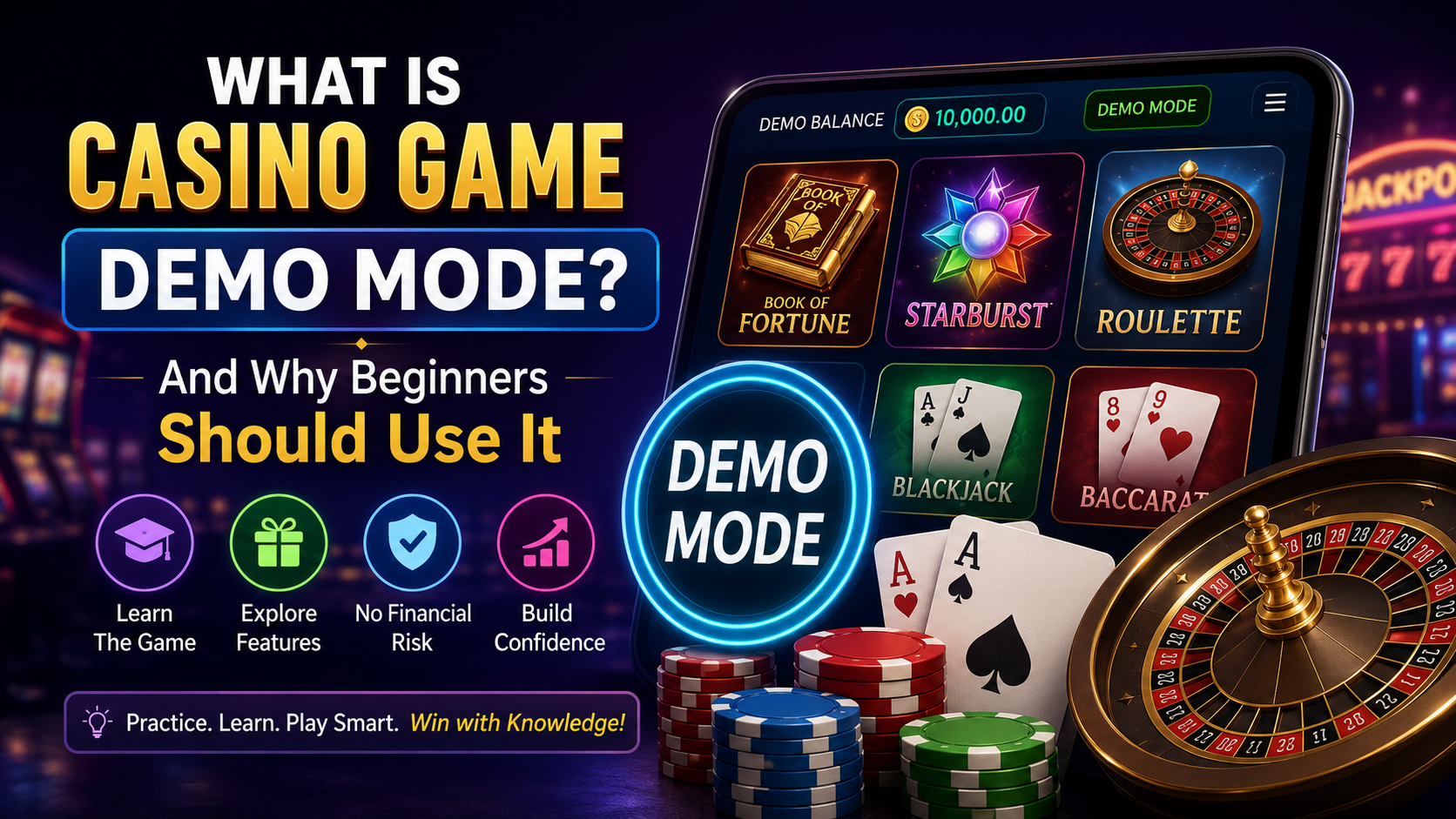 Player using casino game demo mode to learn online slots and table games before playing with real money