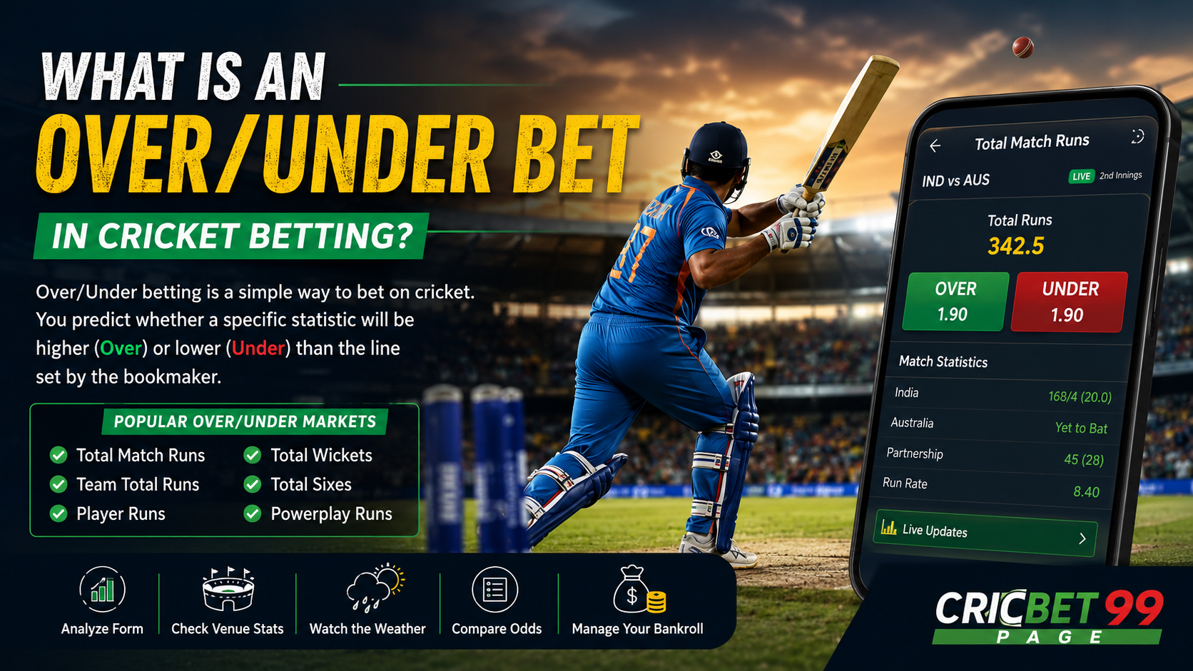 Cricket betting interface showing an Over/Under total runs market during a live cricket match