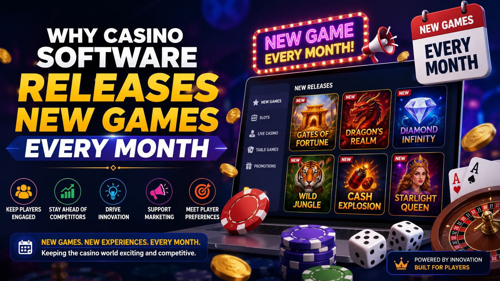 Casino software releasing new online casino games every month with modern slot machines, live casino tables, and digital gaming innovation.