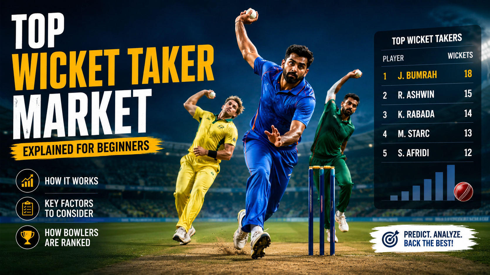 Top Wicket Taker Market explained with cricket bowlers competing to take the most wickets in a match.