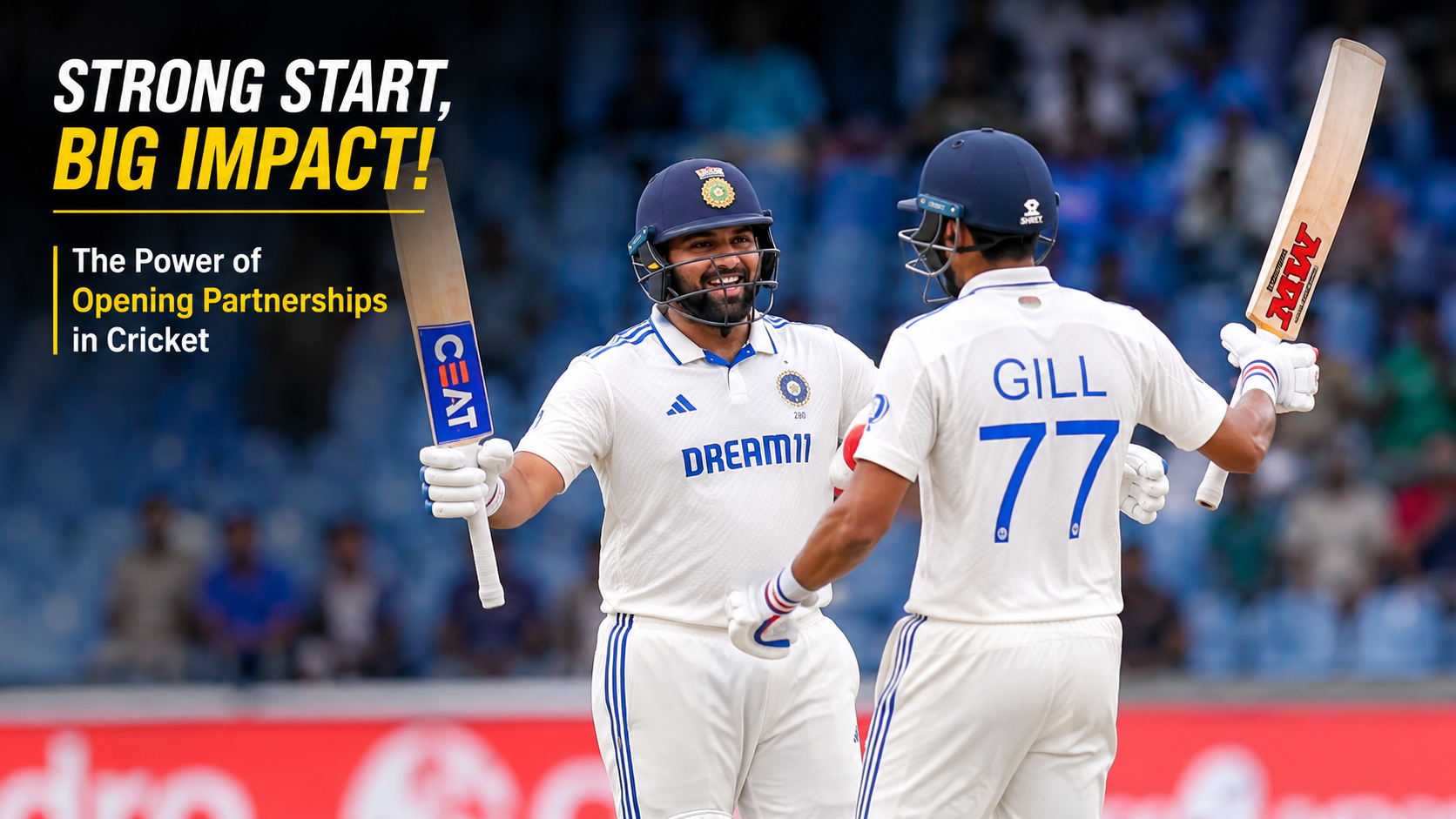 Cricket players celebrating a strong opening partnership during a professional match