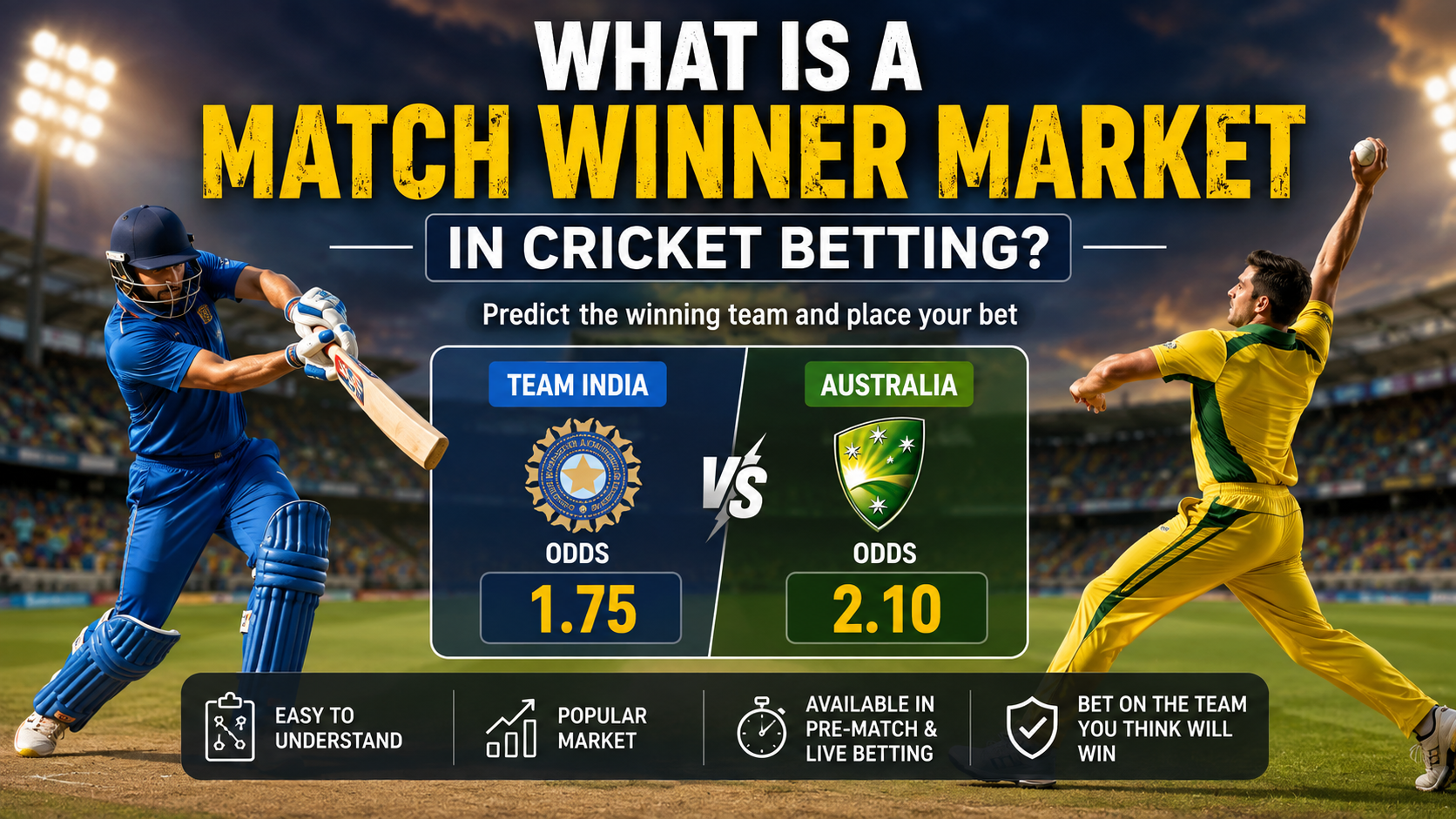 Match Winner Market in Cricket Betting showing two cricket teams competing with betting odds displayed before the match.