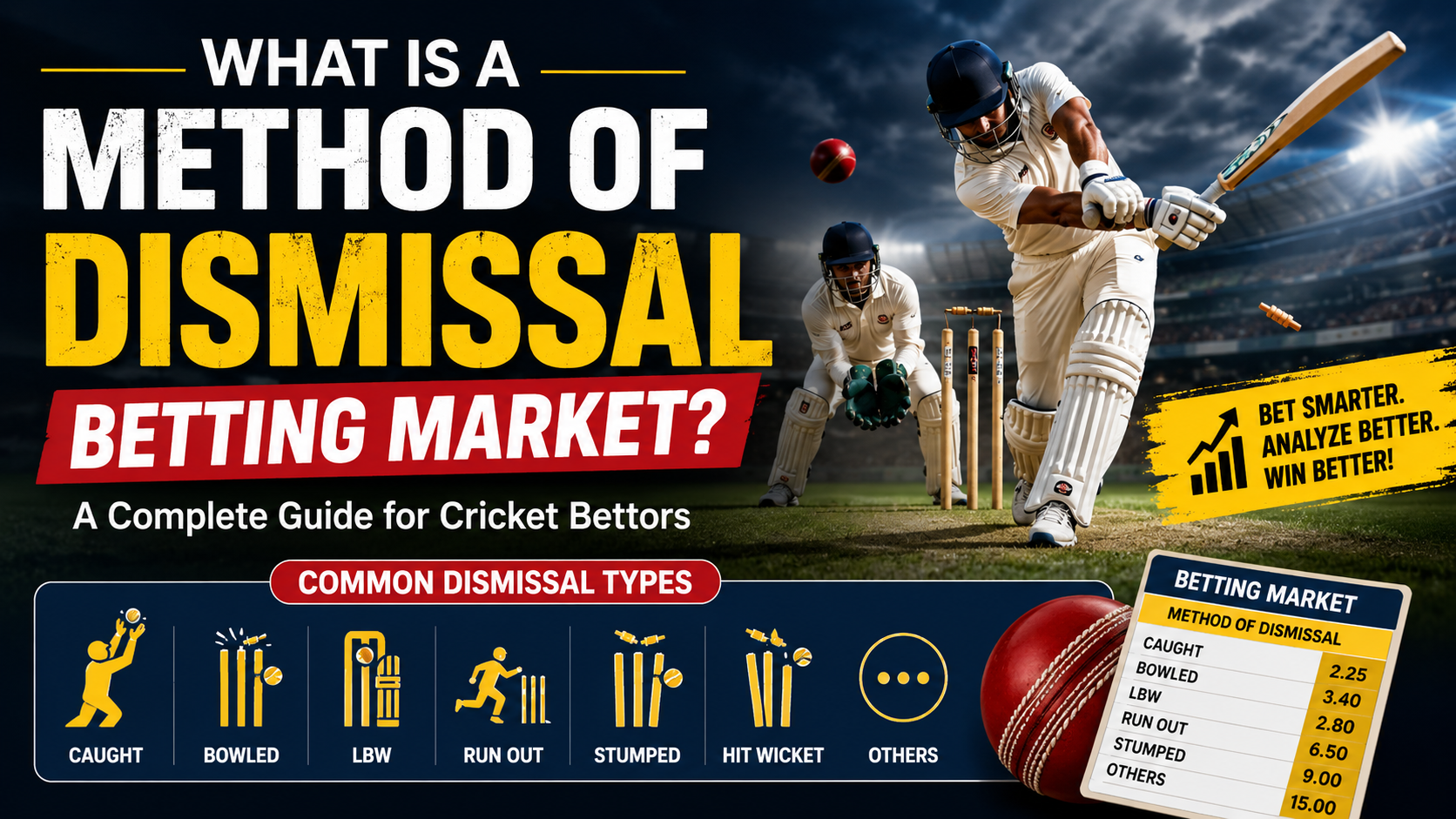 Method of Dismissal Betting Market guide showing common cricket dismissal types and betting options