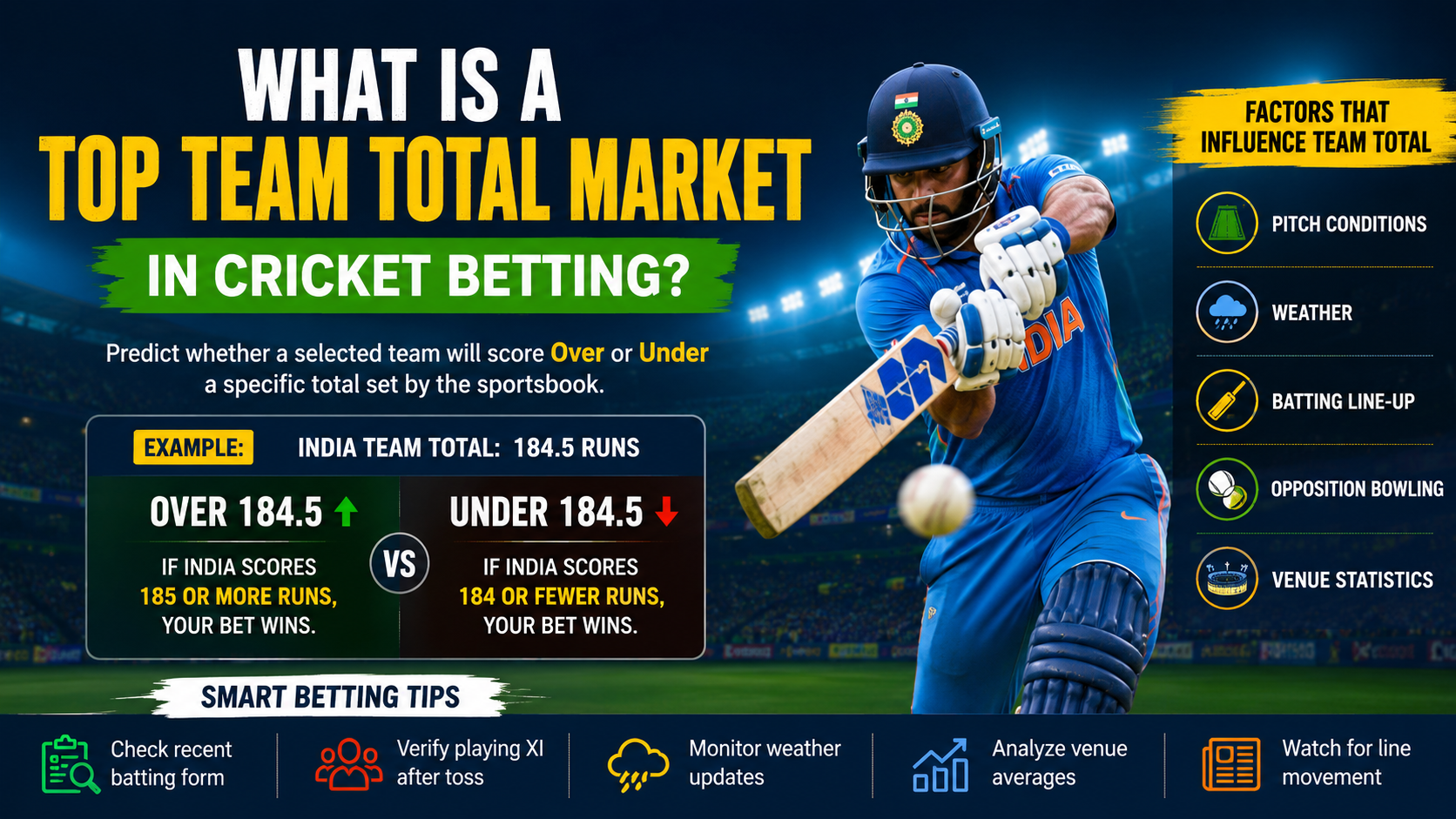 Top Team Total Market in Cricket Betting explained with team runs example and betting odds illustration.